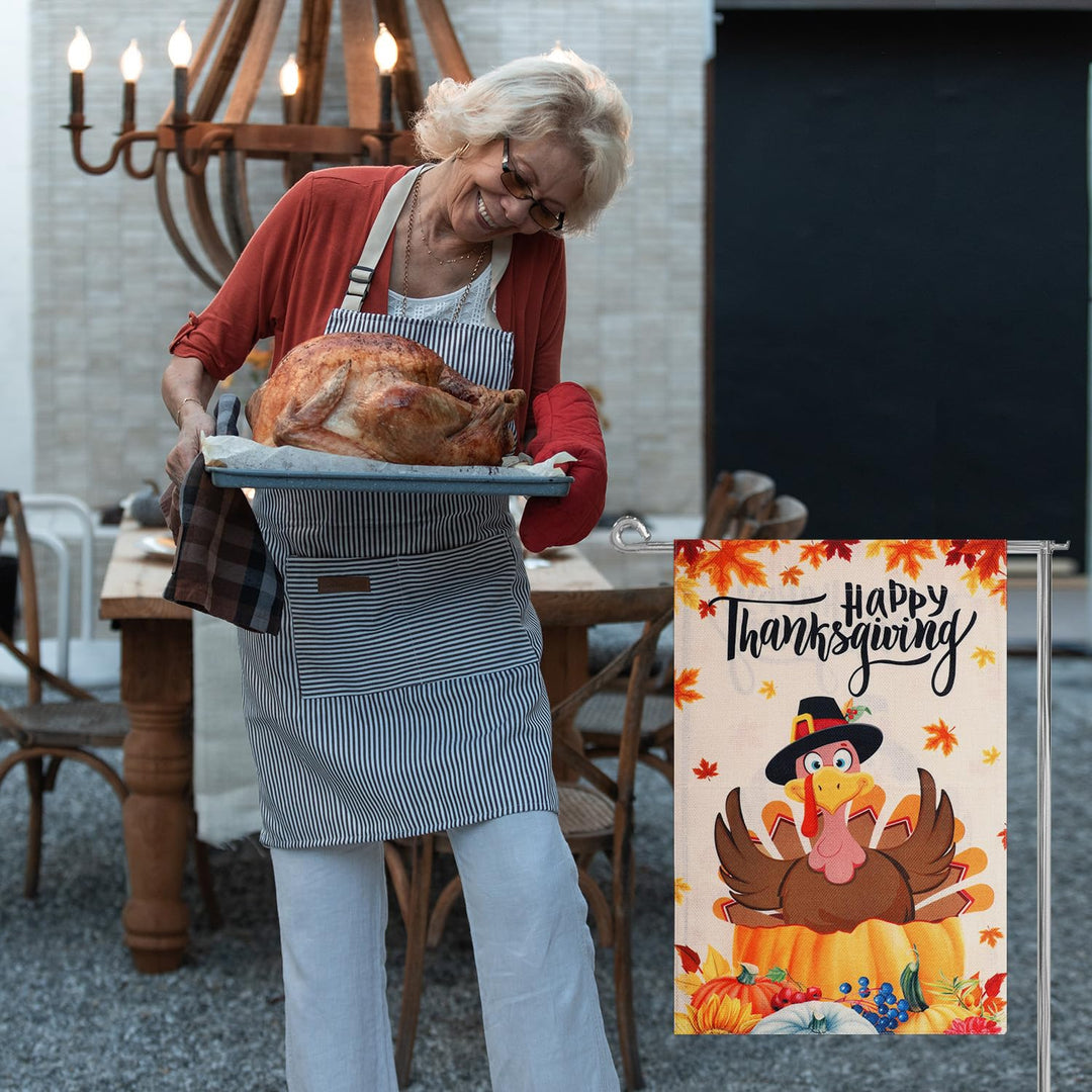 Thanksgiving Garden Flag, 12x18in Burlap Fall Double Sided Decorative Turkey Flag Pumpkin Turkey Maple Leaf Happy Thanksgiving Flags for Yard Outside Thanksgiving Decoration
