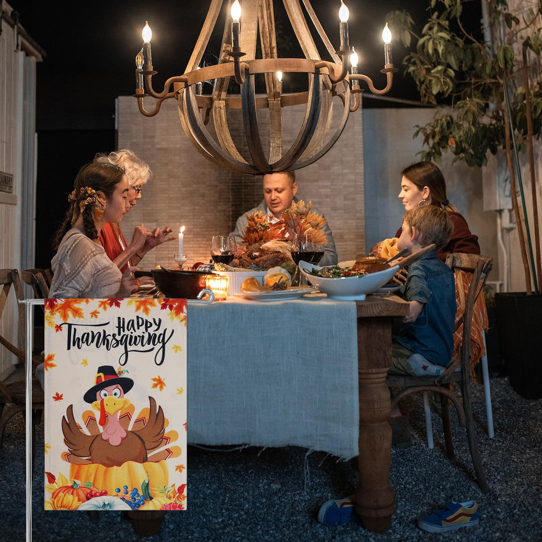 Thanksgiving Garden Flag, 12x18in Burlap Fall Double Sided Decorative Turkey Flag Pumpkin Turkey Maple Leaf Happy Thanksgiving Flags for Yard Outside Thanksgiving Decoration