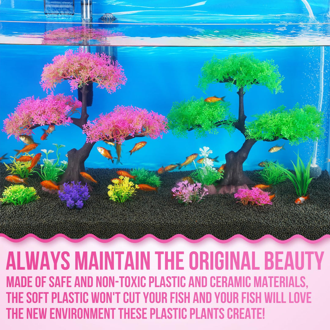 Aquarium Plastic Plants Artificial Decorations, Large Fish Tank Fake Tree Plant Decor Ornaments Accessories (Pink)