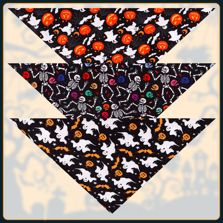 3pcs Halloween Dog Bandannas, Halloween Dog Scarf Pet Triangle Scarf Bat Pumpkin Ghost Skeleton Skull Fall Pet Neckerchief for Halloween Party Dogs Cats