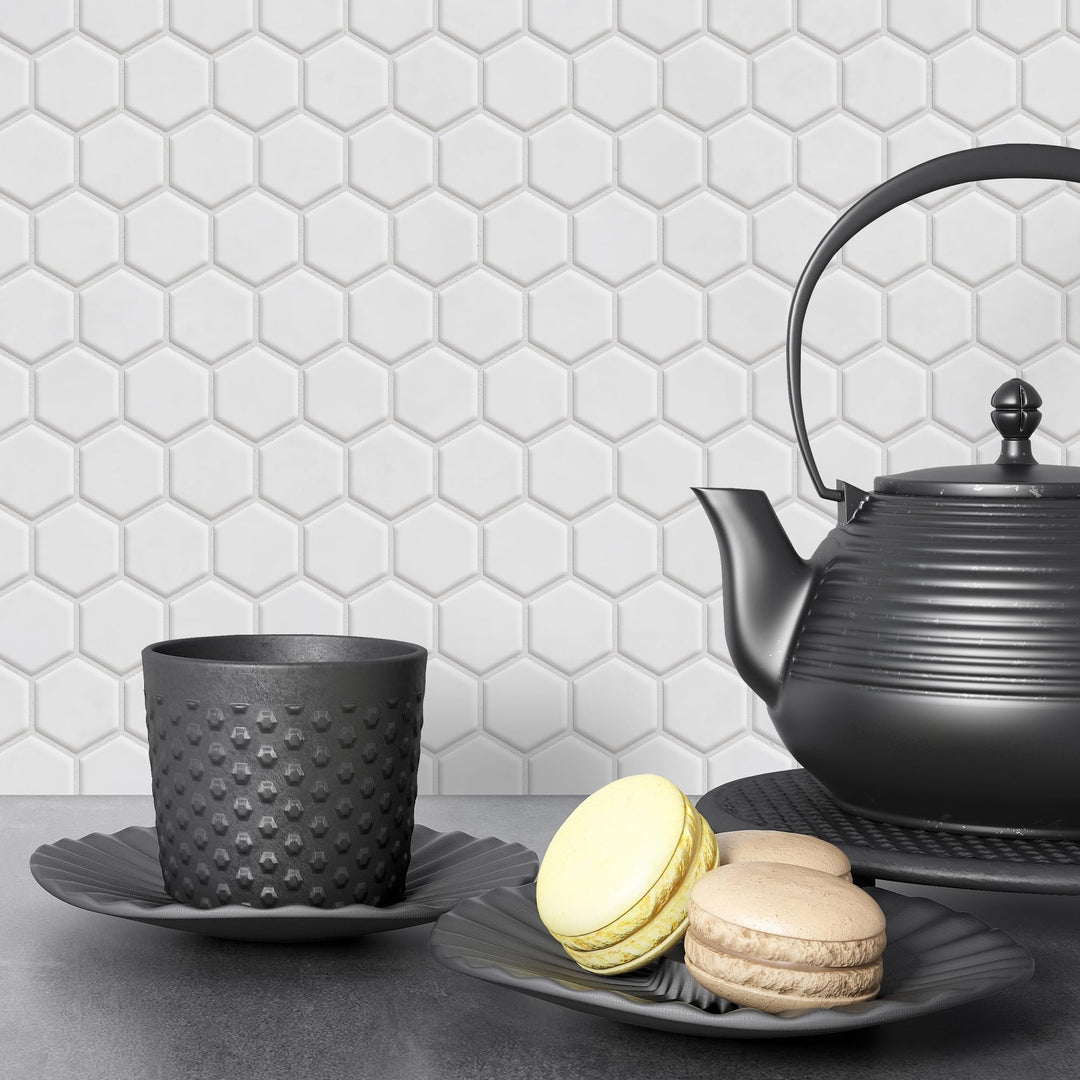 INNO STICKERS Peel and Stick Wallpaper for Kitchen Bathroom 16.9"x118" Countertop Removable Vinyl White Hexagon Decor Contact Paper