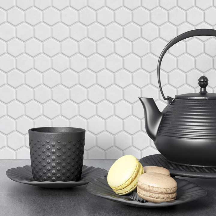 INNO STICKERS Peel and Stick Wallpaper for Kitchen Bathroom 16.9"x118" Countertop Removable Vinyl White Hexagon Decor Contact Paper