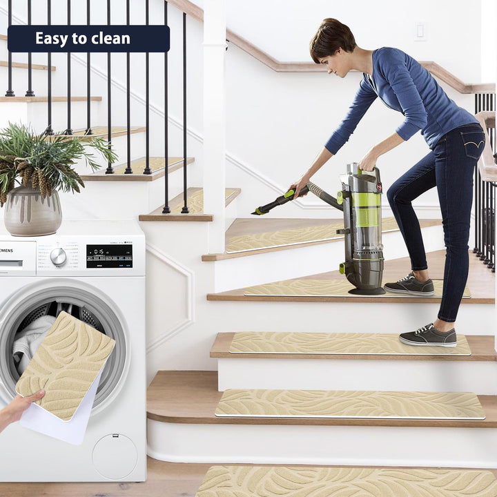 Bolinker Non-Slip Stair Treads Carpet for Wooden Steps, 29.9 x 7.9IN Indoor Self-Adhesive Stair Treads Mat, Comes with Beautiful Patterns, Anti Slip Stair Rugs for Kids Elders and Dogs, 15PCS(Beige)