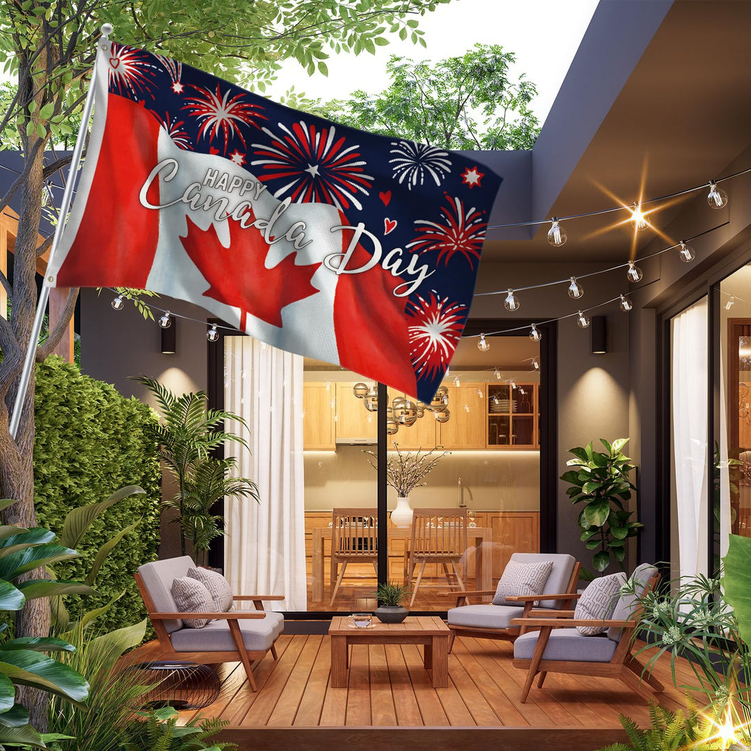 Louise Maelys Happy Canada Day 3x5ft Large Flag Patriotic Firework Canadian Flags Banner Home Outdoor Decorations