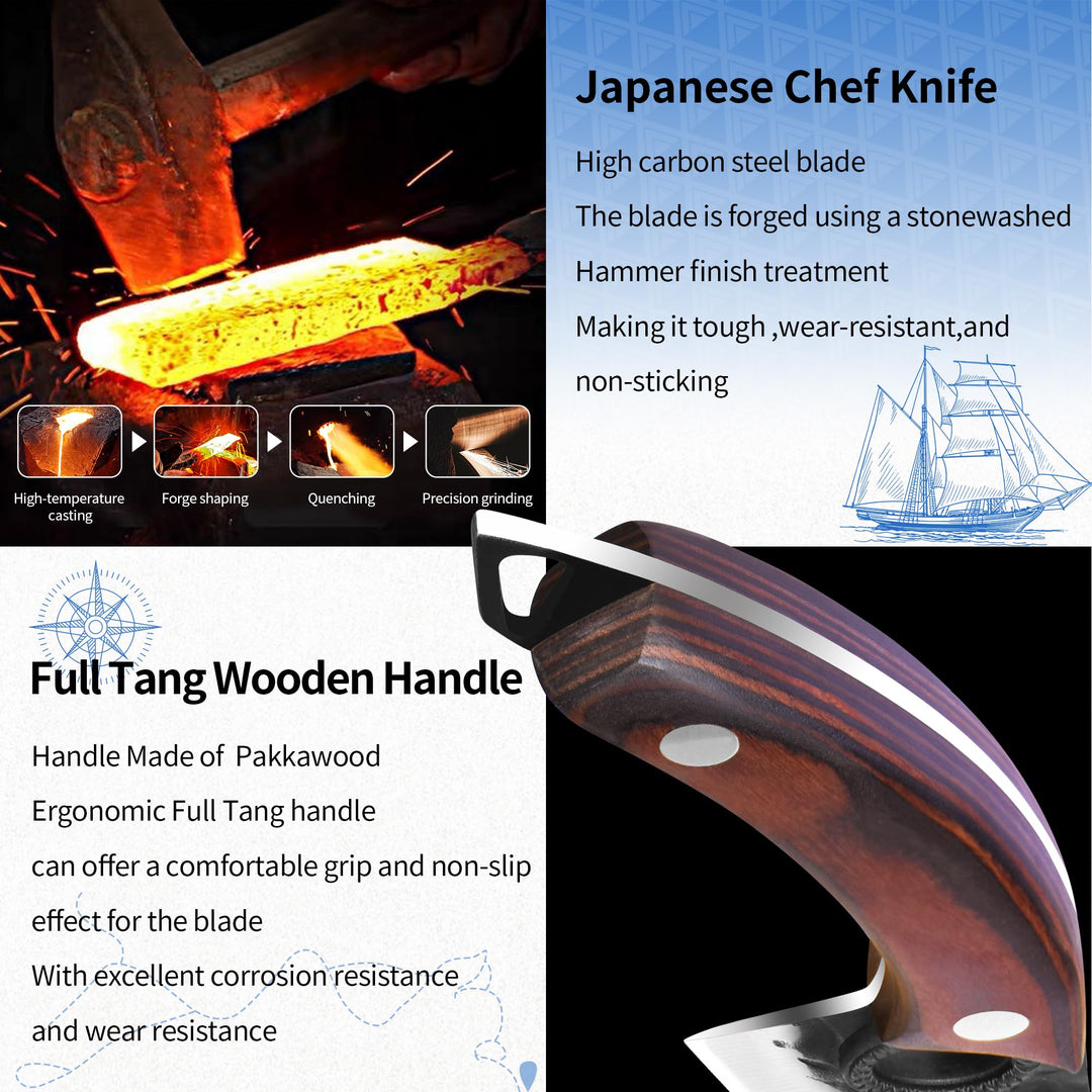 XYJ Kitchen Knife, High Carbon Steel Hand Forged Japanese Chef Knife for Meat Cutting, Cleaver, Cooking Knife with Finger Hole Design, Knife with Sheath, Full Tang, Ergonomic Handle