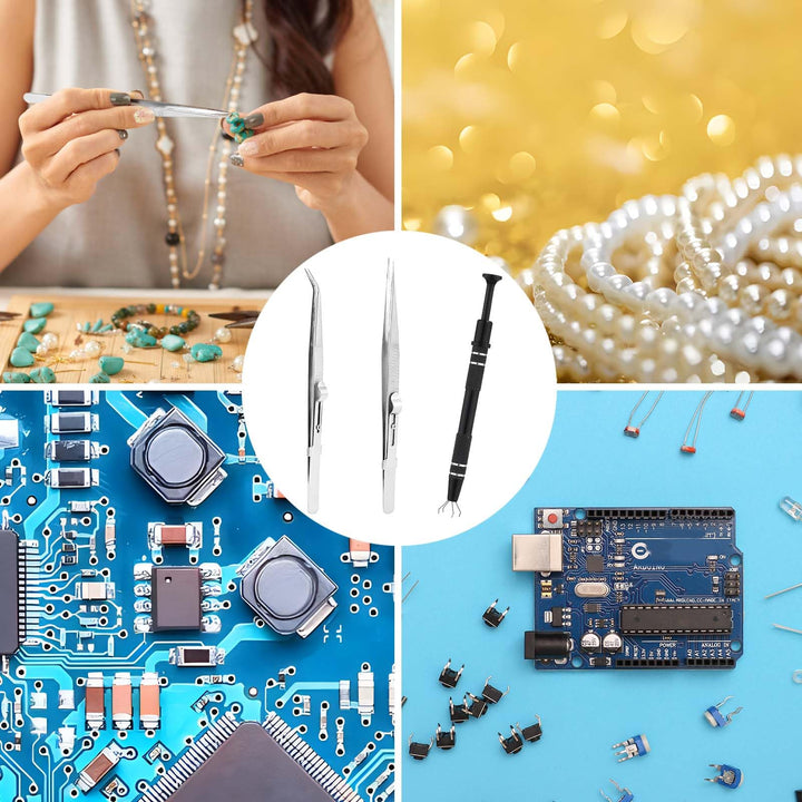 3pcs Gripper Tool, Premium Aluminum Alloy Chip Pickup Tool & 2pcs Tweezers Piercing Ball Tool Piercing Claw Tools Used for Gripping Small Parts Pearl Diamond Jewelry(Black, Silver)