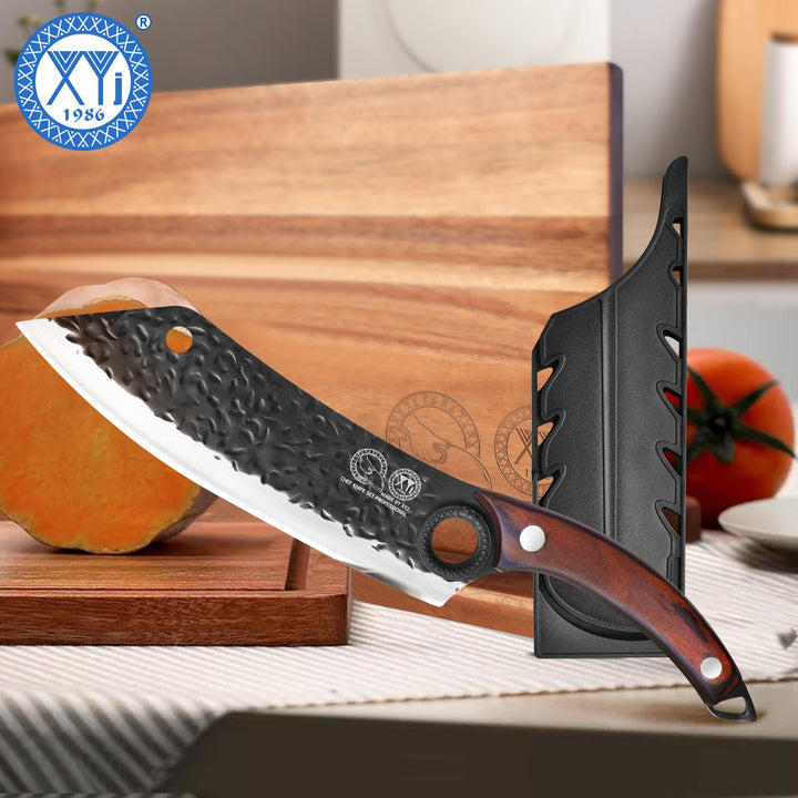 XYJ XYJ Forged Kitchen Knife,High Carbon Steel Blade,Meat Cleaver for Meat Cutting,Vegetable Slicing Cooking Chef Knife,Finger Hole,Full Tang,Wood Handle,Knife with Sheath,Case (Coffee, 8")