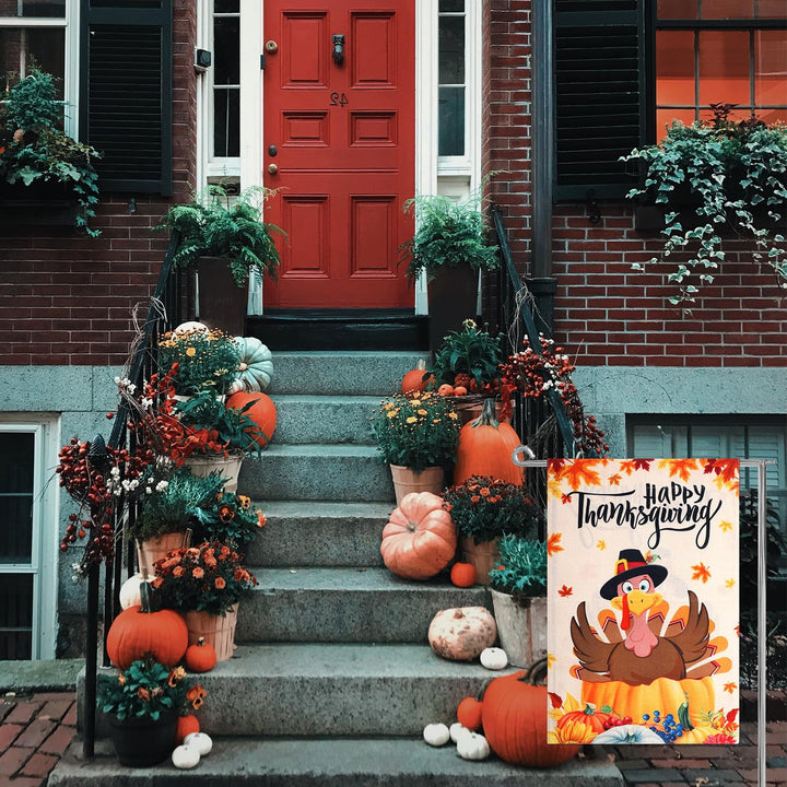 Thanksgiving Garden Flag, 12x18in Burlap Fall Double Sided Decorative Turkey Flag Pumpkin Turkey Maple Leaf Happy Thanksgiving Flags for Yard Outside Thanksgiving Decoration