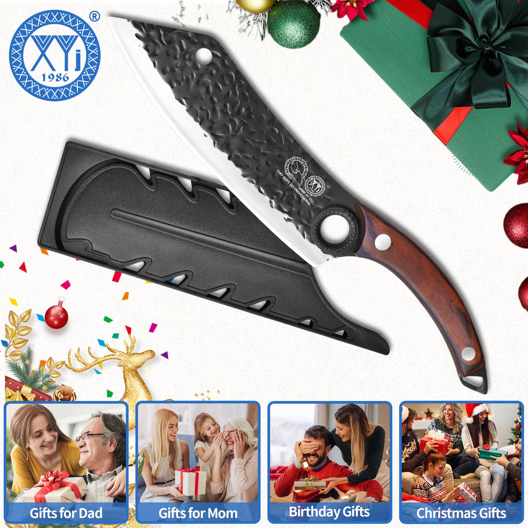 XYJ XYJ Forged Kitchen Knife,High Carbon Steel Blade,Meat Cleaver for Meat Cutting,Vegetable Slicing Cooking Chef Knife,Finger Hole,Full Tang,Wood Handle,Knife with Sheath,Case (Coffee, 8")