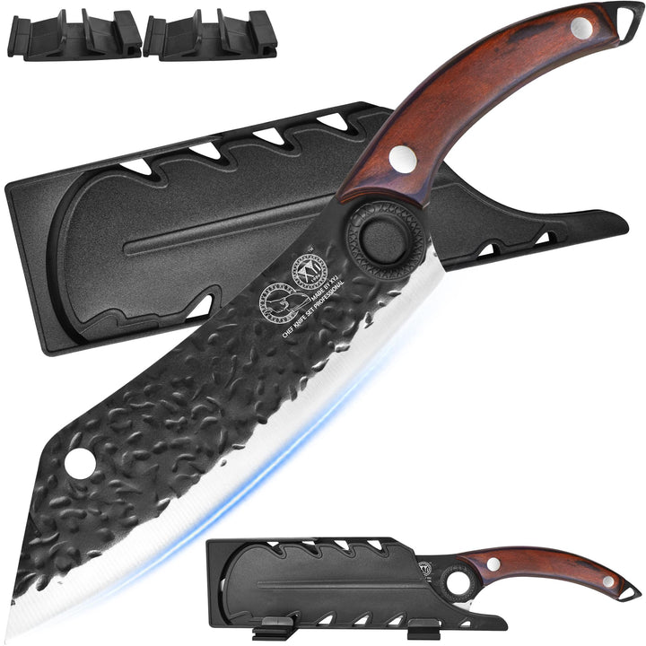 XYJ XYJ Forged Kitchen Knife,High Carbon Steel Blade,Meat Cleaver for Meat Cutting,Vegetable Slicing Cooking Chef Knife,Finger Hole,Full Tang,Wood Handle,Knife with Sheath,Case (Coffee, 8")