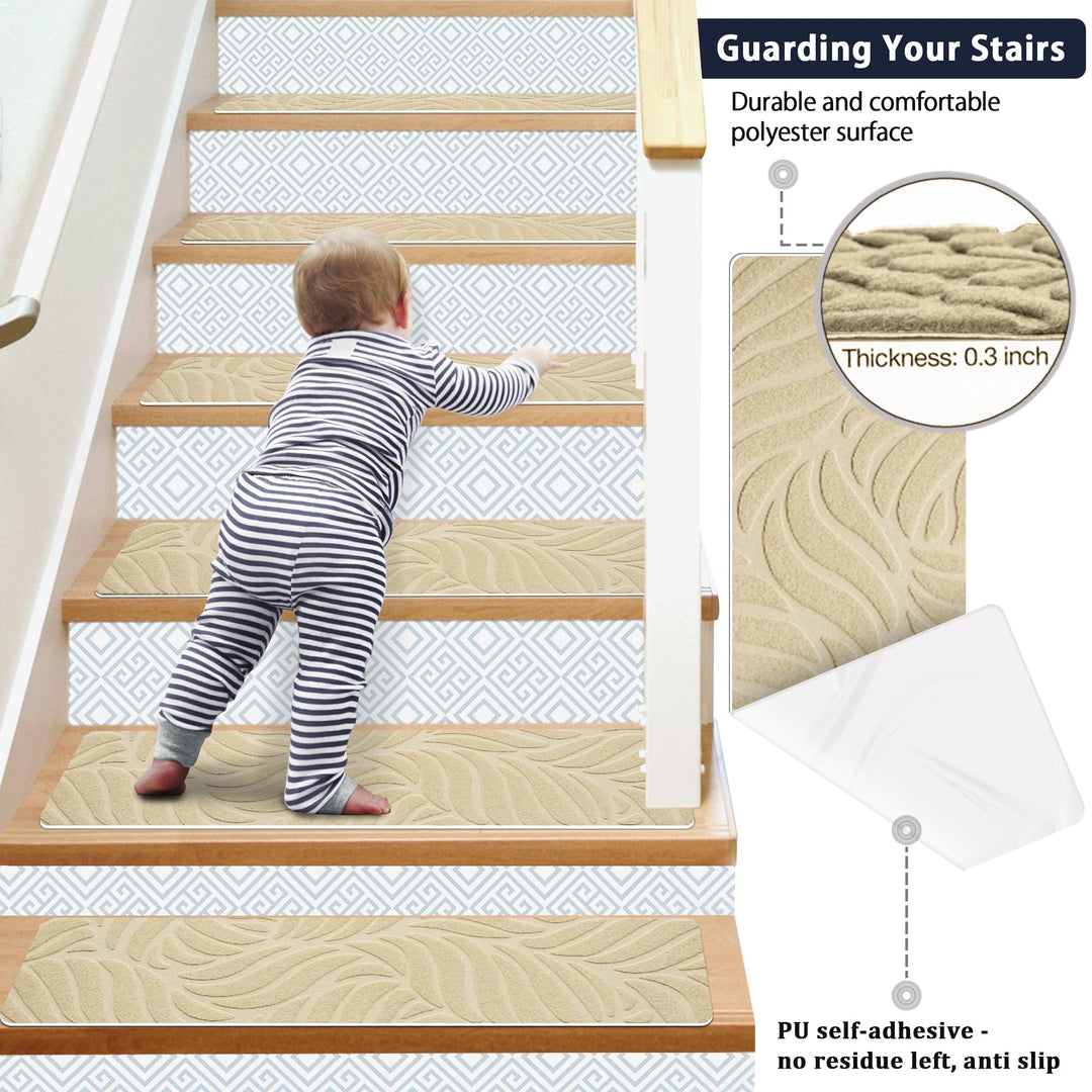 Bolinker Non-Slip Stair Treads Carpet for Wooden Steps, 29.9 x 7.9IN Indoor Self-Adhesive Stair Treads Mat, Comes with Beautiful Patterns, Anti Slip Stair Rugs for Kids Elders and Dogs, 15PCS(Beige)