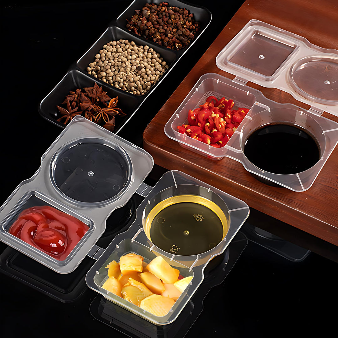 20 Pcs Snack Pack Containers, Reusable 2 Compartment Condiment Containers with Lids, On the Go Mini Sauce Boxes, Clear Individual Lunch Snack Packs for Kid and Adults