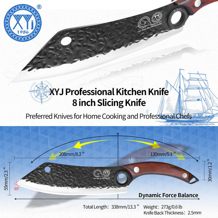 XYJ XYJ Forged Kitchen Knife,High Carbon Steel Blade,Meat Cleaver for Meat Cutting,Vegetable Slicing Cooking Chef Knife,Finger Hole,Full Tang,Wood Handle,Knife with Sheath,Case (Coffee, 8")