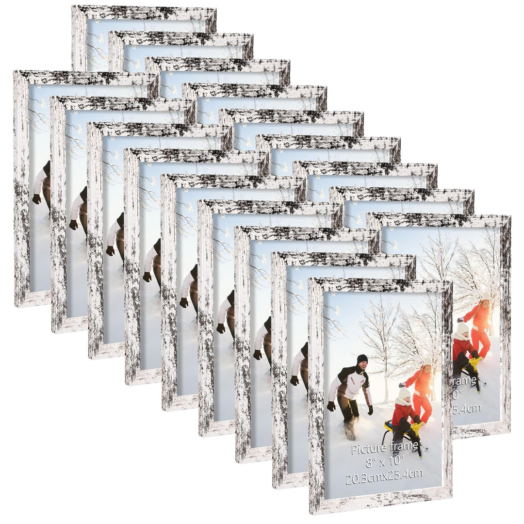 PHAREGE 8x10 Picture Frame Bulk Distressed White, Set of 18 Faux Birch Grain 8 by 10 Rustic Frame Set, Multi Farmhouse Frames for Family Team Photos, Vertically or Horizontally, Tabletop or Wall