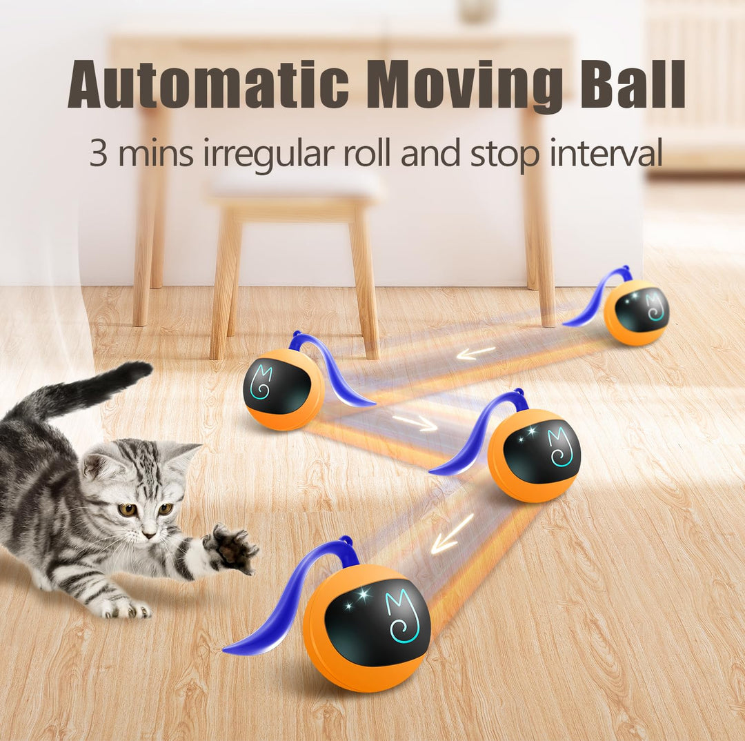 Migipaws Interactive Cat Ball Toy Set, Fun Tracker, Automatic Moving Chase Ball with Fluffy Tail, A Small Mice, Rechargeable (Orange)