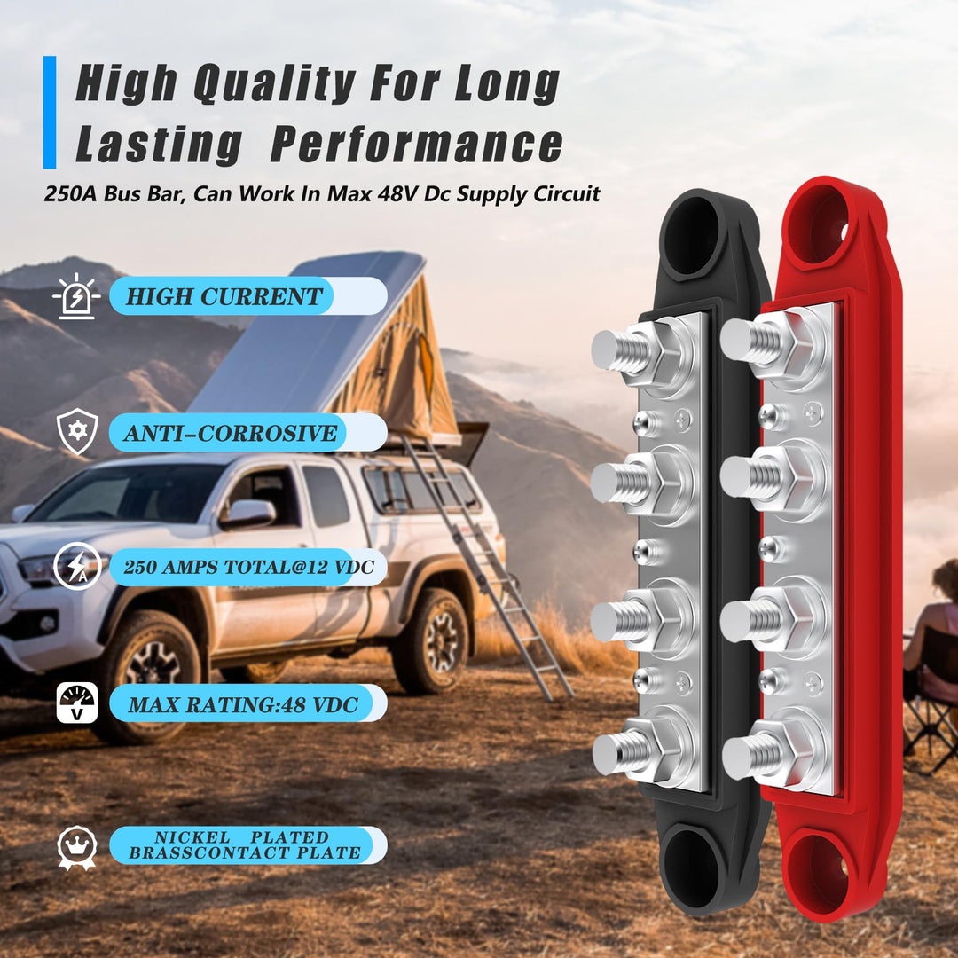 VenxyKod Power Distribution Block, 250A 12V Bus Bar 4X 3/8" Terminal Block with Cover Max 48V Junction Block Automotive Marine Busbar