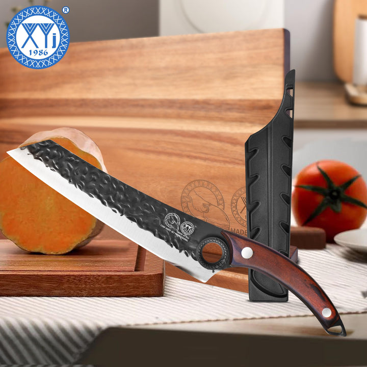 XYJ Kitchen Knife, High Carbon Steel Hand Forged Japanese Chef Knife for Meat Cutting, Cleaver, Cooking Knife with Finger Hole Design, Knife with Sheath, Full Tang, Ergonomic Handle
