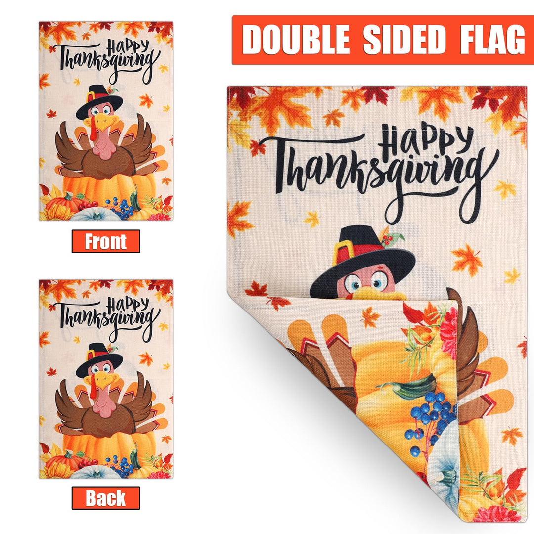 Thanksgiving Garden Flag, 12x18in Burlap Fall Double Sided Decorative Turkey Flag Pumpkin Turkey Maple Leaf Happy Thanksgiving Flags for Yard Outside Thanksgiving Decoration
