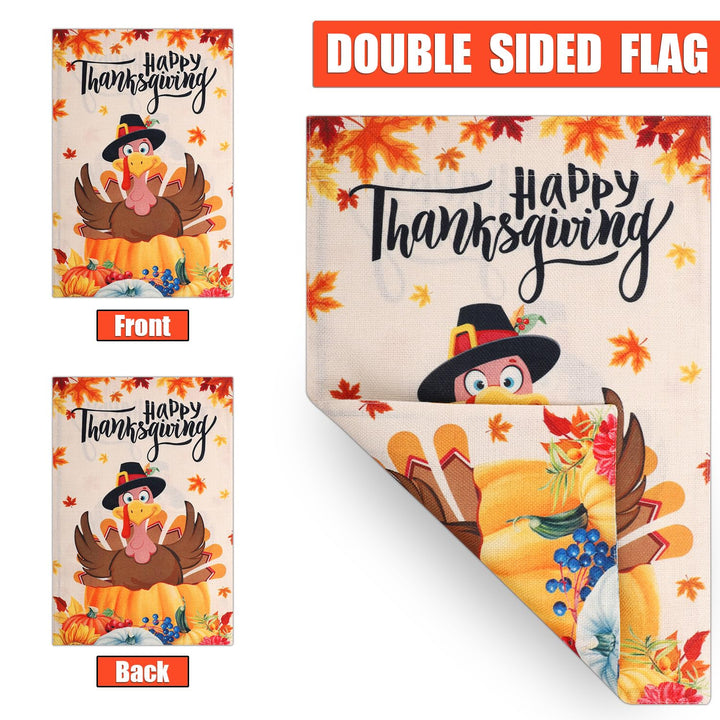 Thanksgiving Garden Flag, 12x18in Burlap Fall Double Sided Decorative Turkey Flag Pumpkin Turkey Maple Leaf Happy Thanksgiving Flags for Yard Outside Thanksgiving Decoration