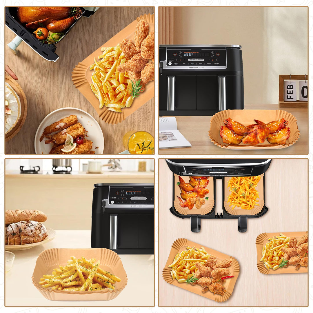 Ninja Dual Air Fryer Accessories - Disposable Paper Liners with Brush, 200 Pcs Food Grade Parchment Paper Liners Rectangle 8.6"x 5.5" for Ninja DZ201/DZ401