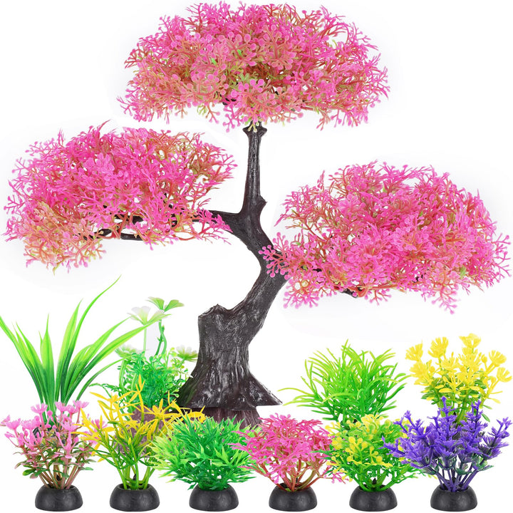 Aquarium Plastic Plants Artificial Decorations, Large Fish Tank Fake Tree Plant Decor Ornaments Accessories (Pink)
