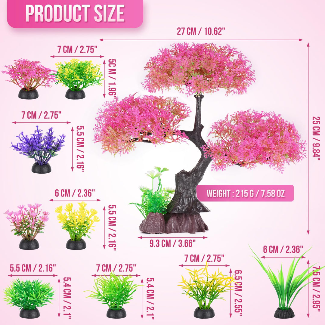 Aquarium Plastic Plants Artificial Decorations, Large Fish Tank Fake Tree Plant Decor Ornaments Accessories (Pink)