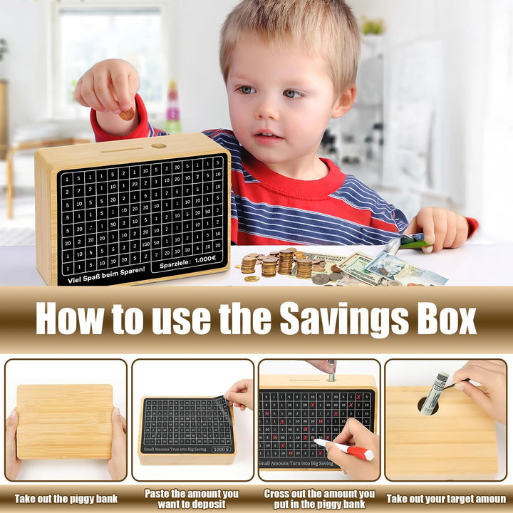 Wooden Piggy Bank Money Box, Money Counter Piggy Bank, Wooden Cash Savings Box for $1000 Target Money Saving Challenge