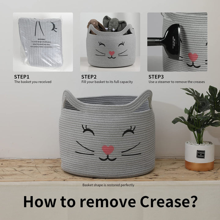 ZLG Cat Face Baby Basket with Handles Handmade Standing baskets for Nursery Decor and Storage