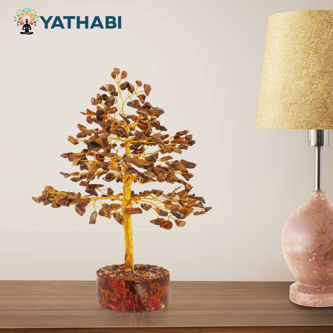 YATHABI Tiger Eye Golden Wire Handmade Gemstone Tree Feng Shui Bonsai for Attracting Positive Energies Crystal Healing Chakra Cleansing & Home Decor Size:- 10 Inch Approx