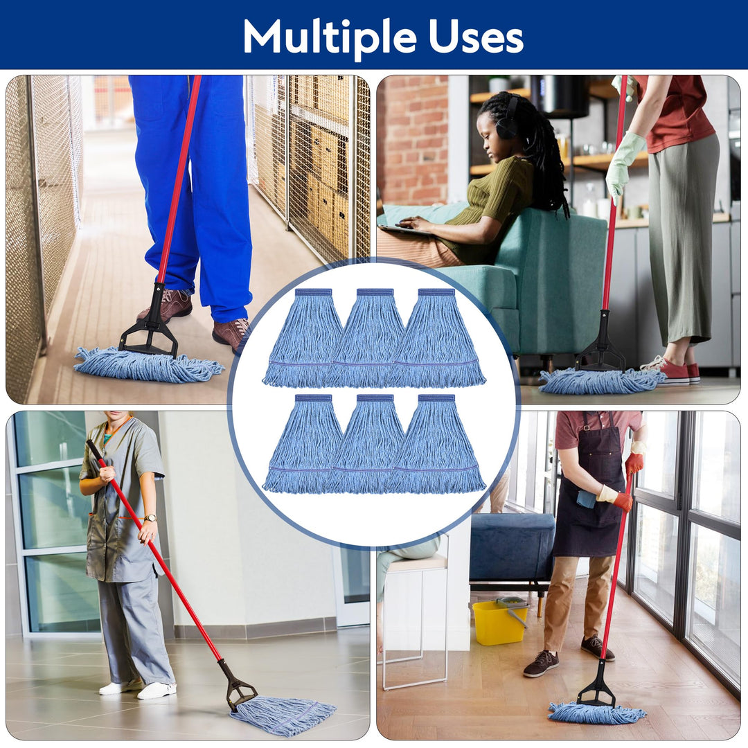 Matthew Cleaning Heavy Duty Mop Head Commercial Replacement for General and Floor Cleaning , Wet Industrial Blue Cotton Looped End String Head Refill (Pack of 6) Blue