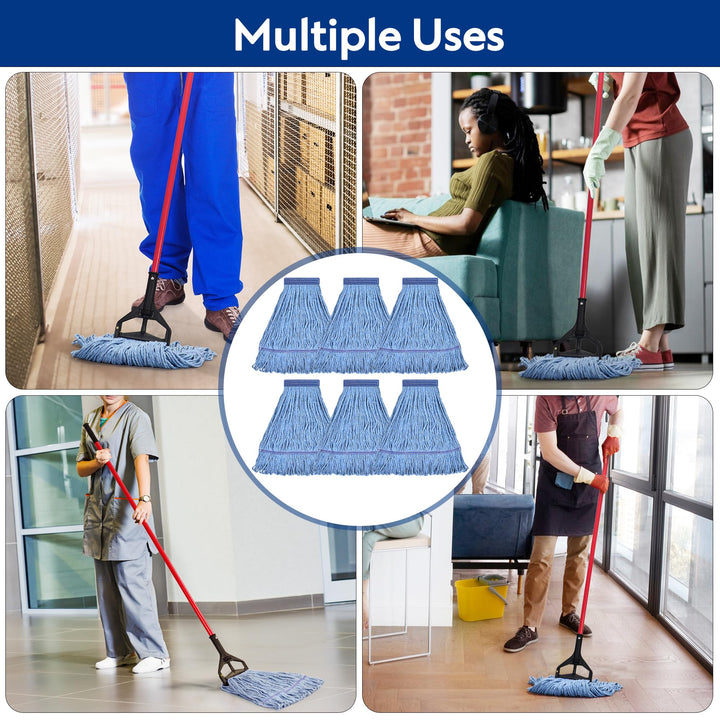 Matthew Cleaning Heavy Duty Mop Head Commercial Replacement for General and Floor Cleaning , Wet Industrial Blue Cotton Looped End String Head Refill (Pack of 6) Blue