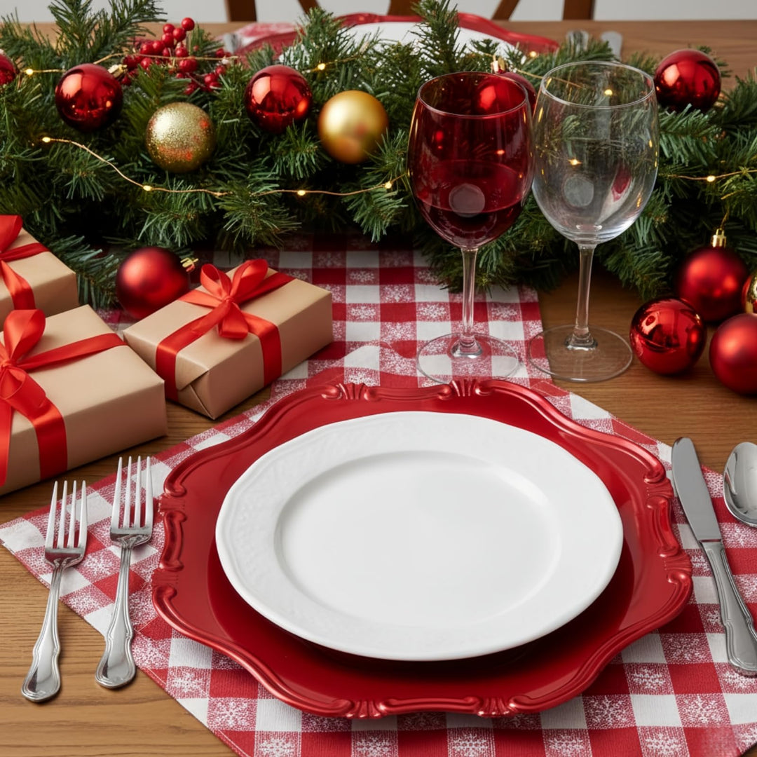 ZOOFOX Set of 12 Red Charger Plates, 13" Metallic Scalloped Charger for Dinner Plate, Decorative Service Plates for Christmas Tabletop Holiday Wedding Catering Event Decor