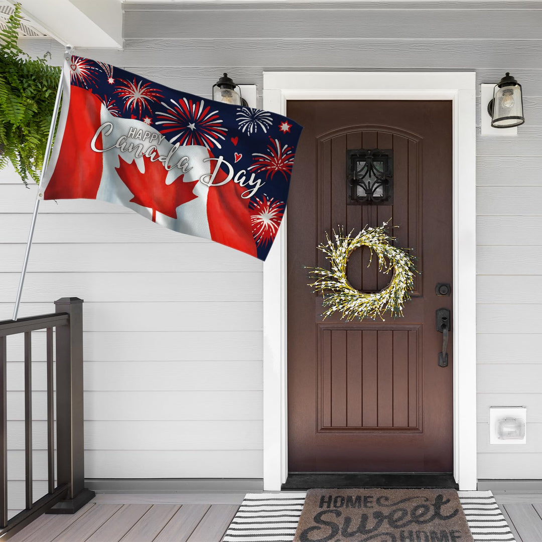 Louise Maelys Happy Canada Day 3x5ft Large Flag Patriotic Firework Canadian Flags Banner Home Outdoor Decorations
