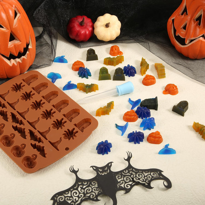 Halloween Molds Silicone for Chocolate Candy, Witch Hat Bat Tombstone Spider Pumpkin Shapes Baking and Crafting Tool for Themed Party