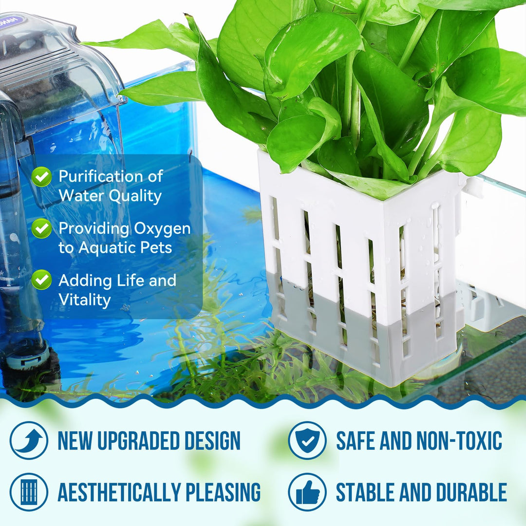 Upgraded Aquarium Plant Holder with Hooks and Suction Cups for Fish Tank Aquaponic Plants Cultivation and Aquascape Decorations (White)
