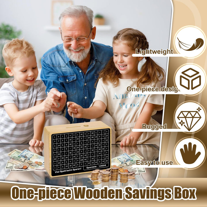 Wooden Piggy Bank Money Box, Money Counter Piggy Bank, Wooden Cash Savings Box for $1000 Target Money Saving Challenge