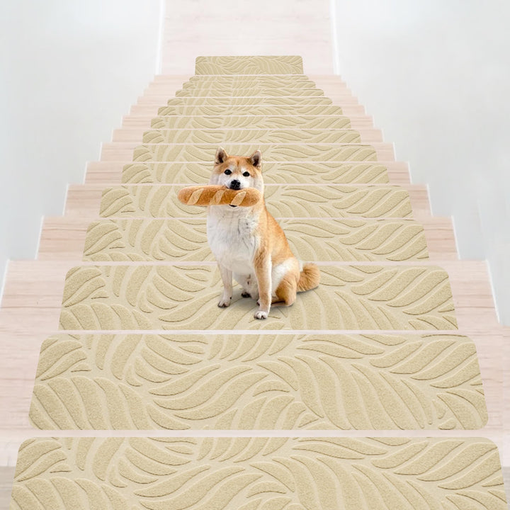 Bolinker Non-Slip Stair Treads Carpet for Wooden Steps, 29.9 x 7.9IN Indoor Self-Adhesive Stair Treads Mat, Comes with Beautiful Patterns, Anti Slip Stair Rugs for Kids Elders and Dogs, 15PCS(Beige)