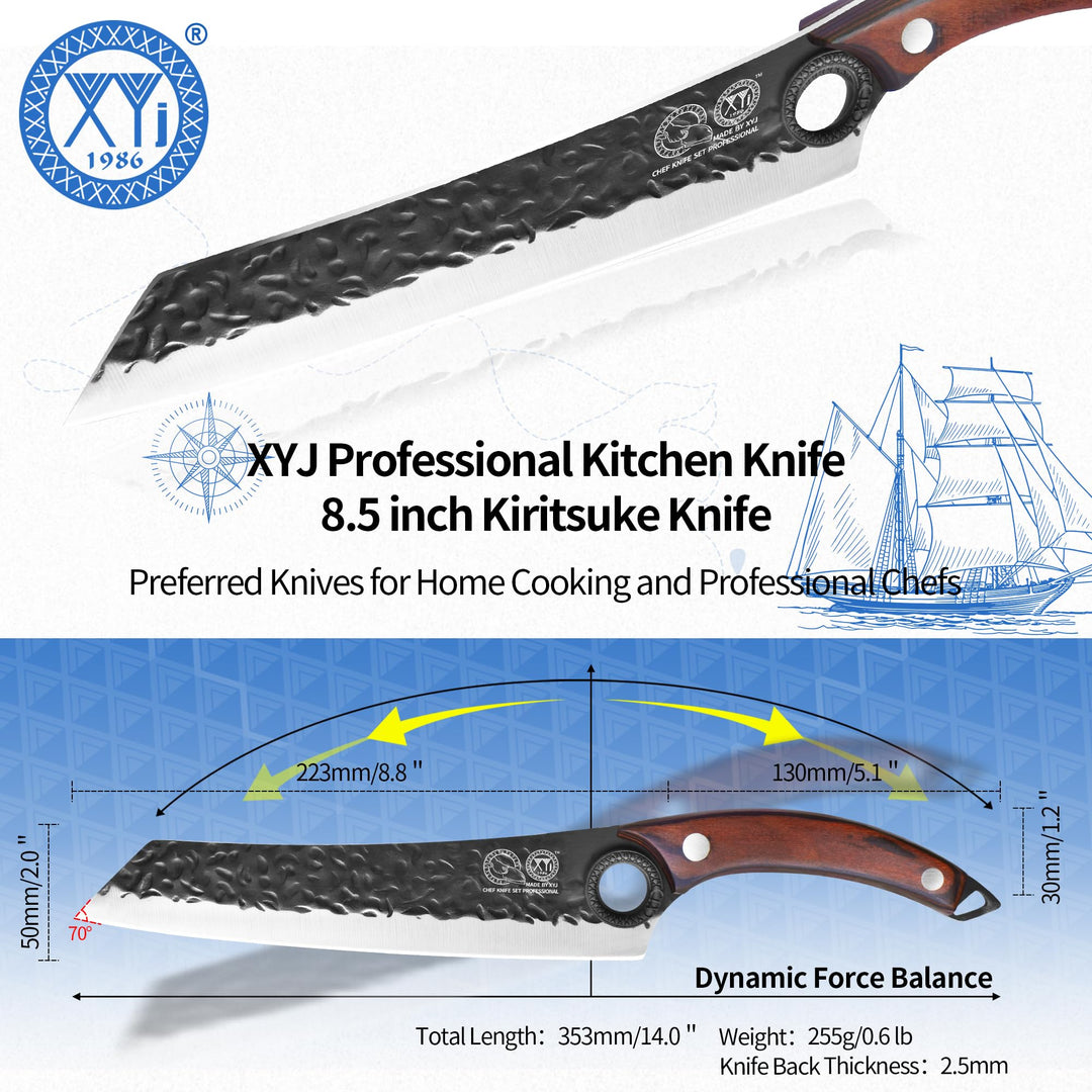 XYJ Kitchen Knife, High Carbon Steel Hand Forged Japanese Chef Knife for Meat Cutting, Cleaver, Cooking Knife with Finger Hole Design, Knife with Sheath, Full Tang, Ergonomic Handle