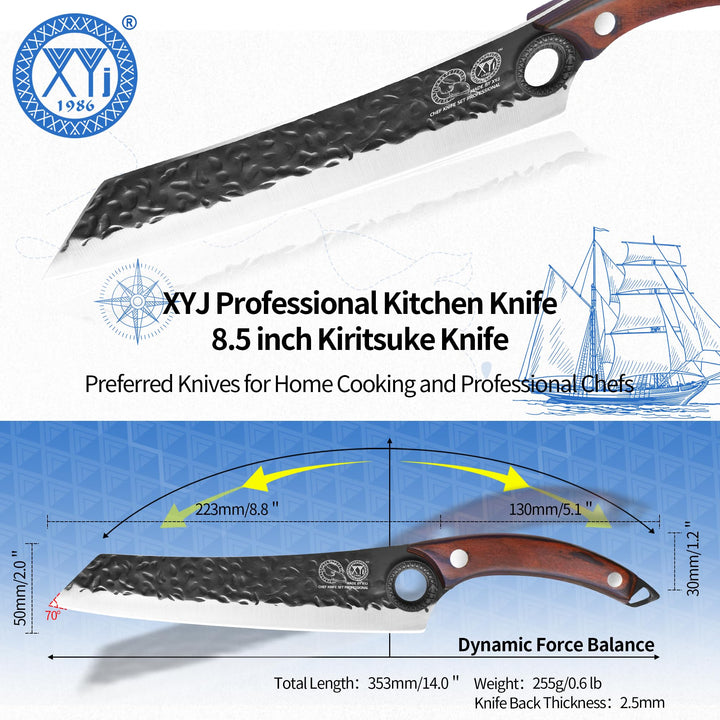XYJ Kitchen Knife, High Carbon Steel Hand Forged Japanese Chef Knife for Meat Cutting, Cleaver, Cooking Knife with Finger Hole Design, Knife with Sheath, Full Tang, Ergonomic Handle