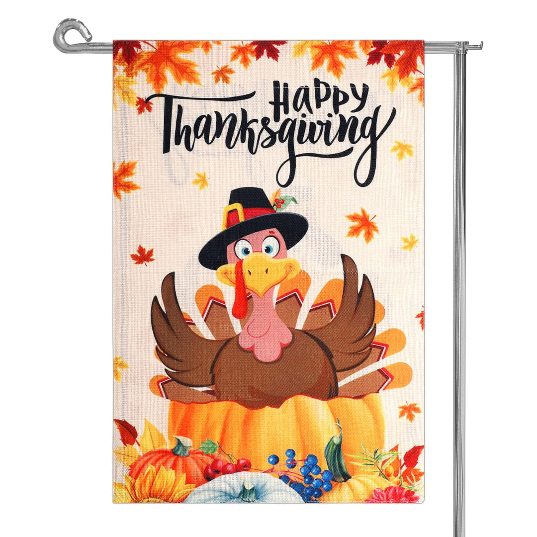 Thanksgiving Garden Flag, 12x18in Burlap Fall Double Sided Decorative Turkey Flag Pumpkin Turkey Maple Leaf Happy Thanksgiving Flags for Yard Outside Thanksgiving Decoration
