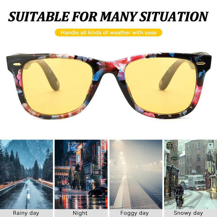 TJUTR Night Driving Glasses for Men Women, Classic Anti Glare Night Vision Glasses, Polarized Yellow Lens for Night Time