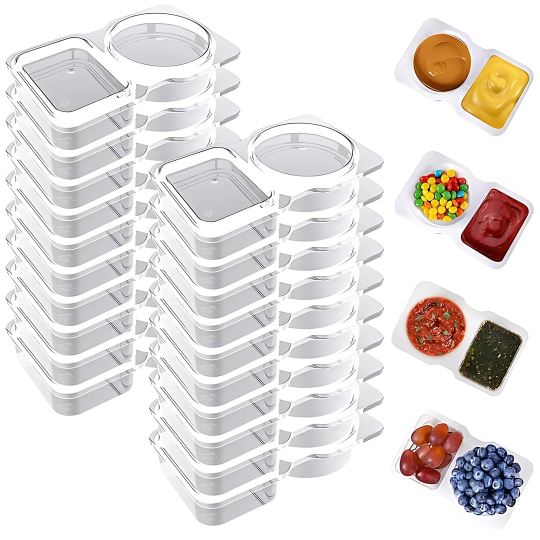20 Pcs Snack Pack Containers, Reusable 2 Compartment Condiment Containers with Lids, On the Go Mini Sauce Boxes, Clear Individual Lunch Snack Packs for Kid and Adults