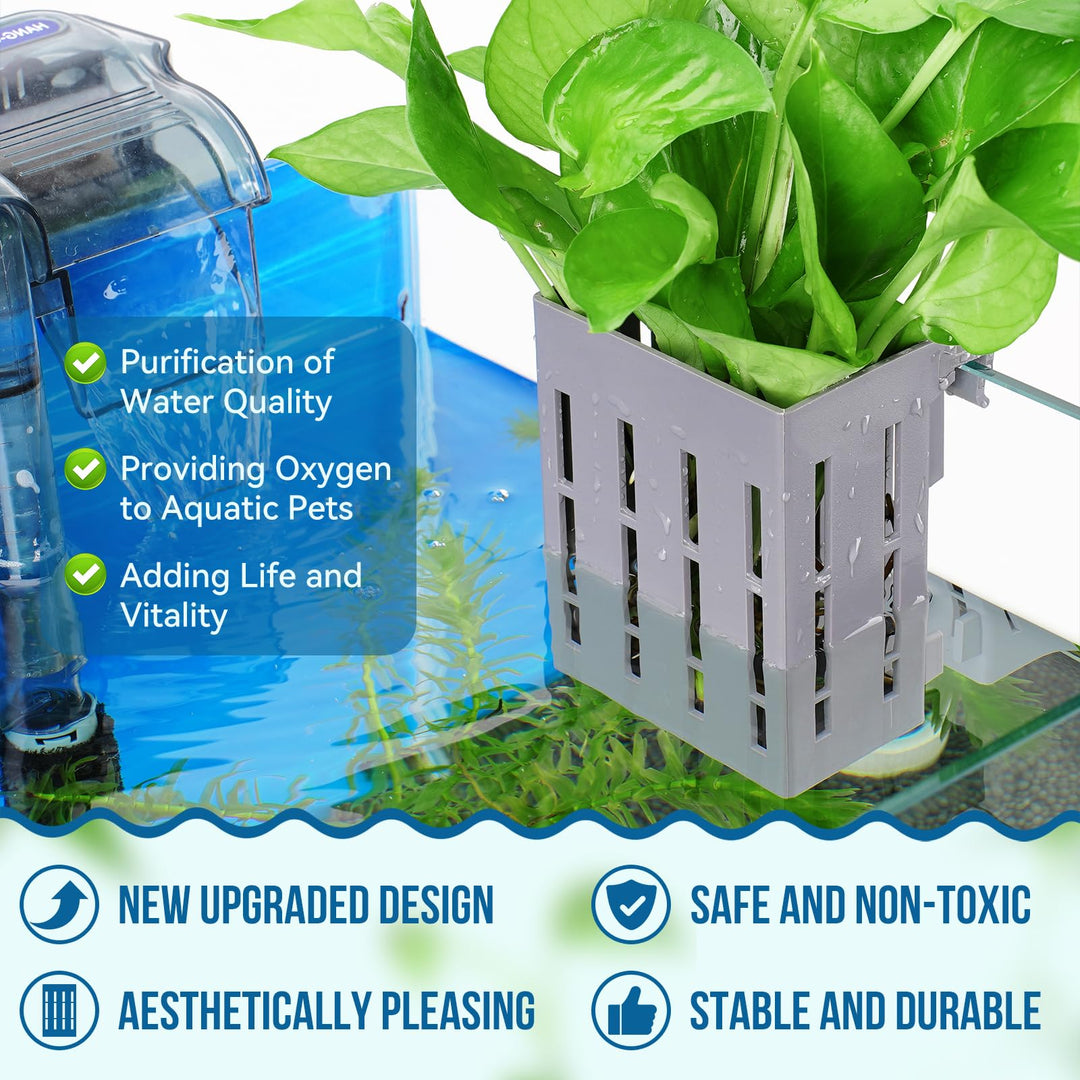 Upgraded Aquarium Hanging Aquatic Plant Holder with Hooks and Suction Cups for Fish Tank Aquaponic Plant Cultivation and Aquarium Decorations 2 Pieces (Grey)