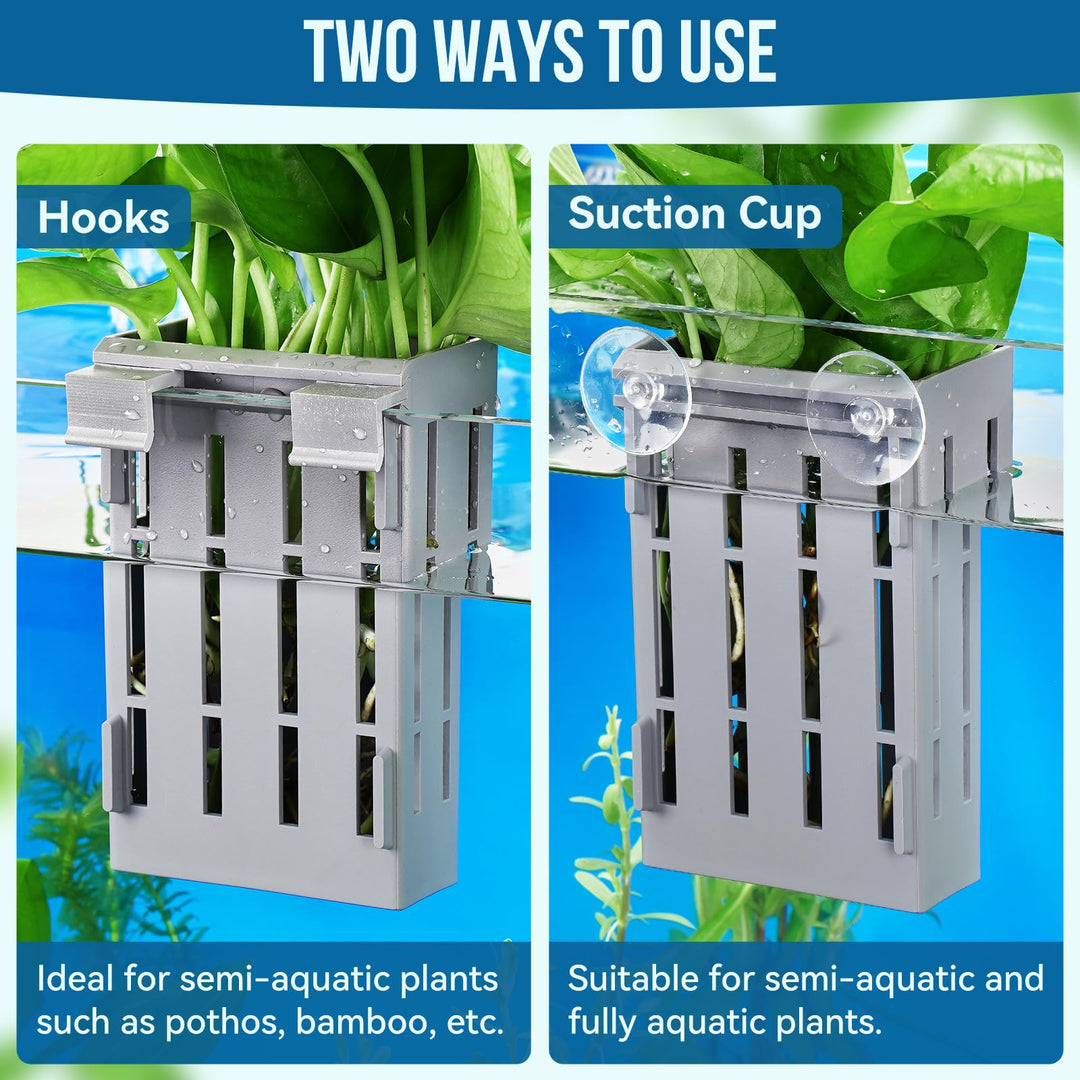Upgraded Aquarium Hanging Aquatic Plant Holder with Hooks and Suction Cups for Fish Tank Aquaponic Plant Cultivation and Aquarium Decorations 2 Pieces (Grey)