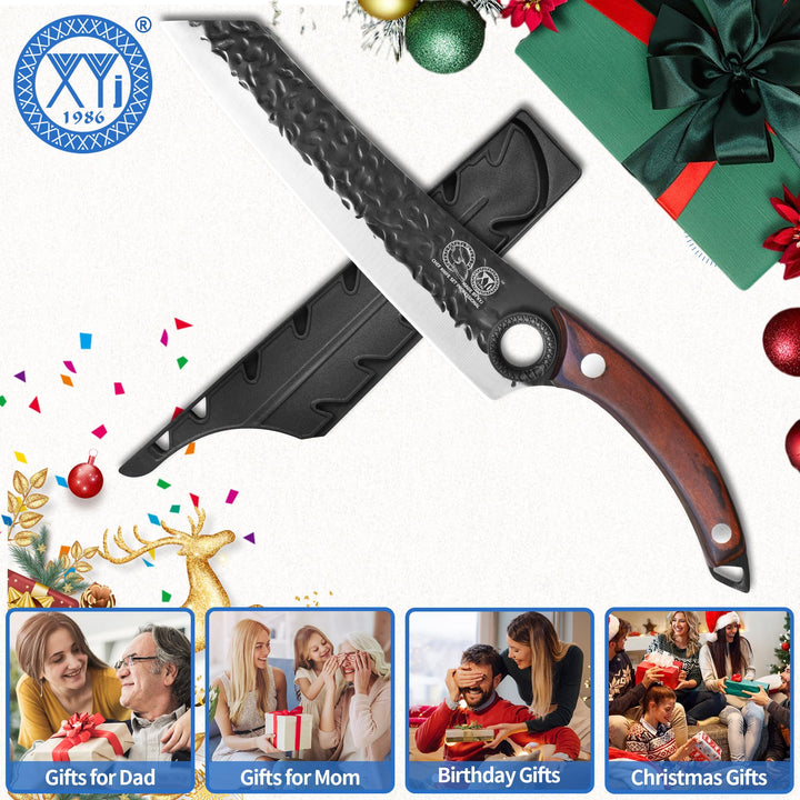 XYJ Kitchen Knife, High Carbon Steel Hand Forged Japanese Chef Knife for Meat Cutting, Cleaver, Cooking Knife with Finger Hole Design, Knife with Sheath, Full Tang, Ergonomic Handle