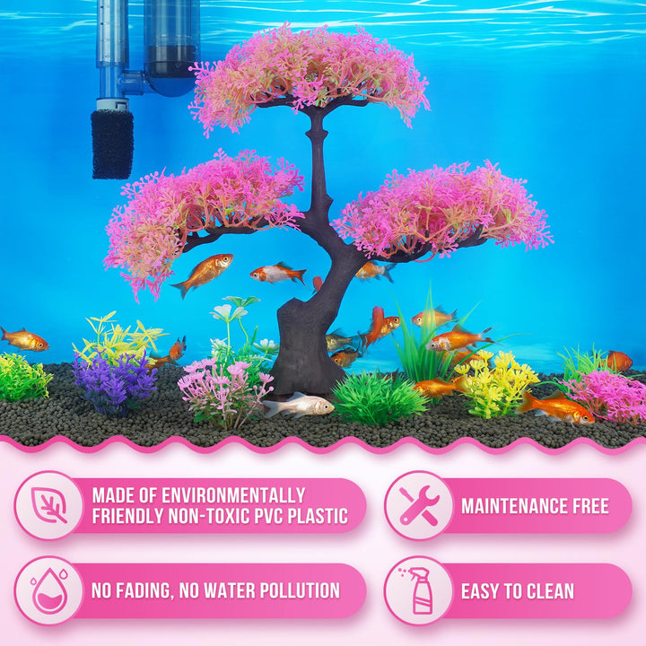 Aquarium Plastic Plants Artificial Decorations, Large Fish Tank Fake Tree Plant Decor Ornaments Accessories (Pink)