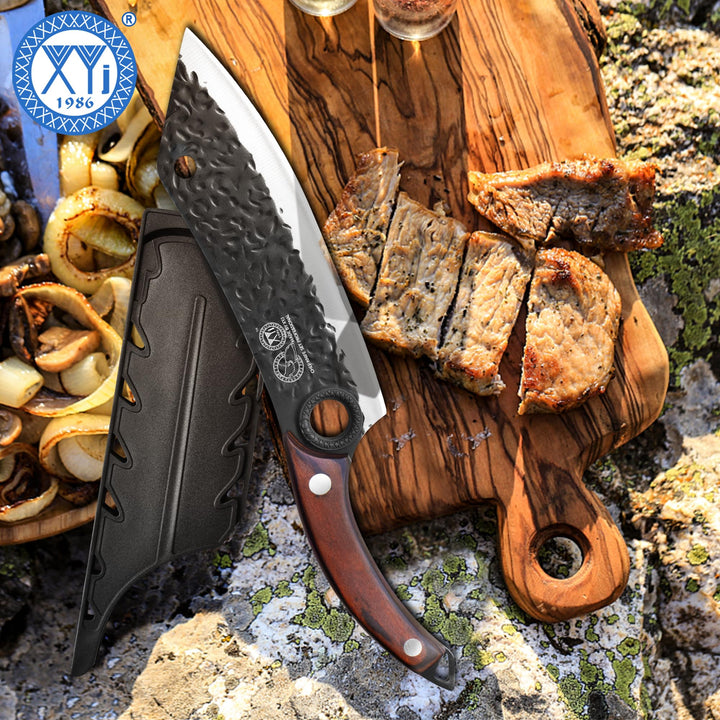 XYJ XYJ Forged Kitchen Knife,High Carbon Steel Blade,Meat Cleaver for Meat Cutting,Vegetable Slicing Cooking Chef Knife,Finger Hole,Full Tang,Wood Handle,Knife with Sheath,Case (Coffee, 8")