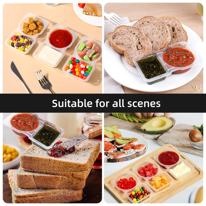 20 Pcs Snack Pack Containers, Reusable 2 Compartment Condiment Containers with Lids, On the Go Mini Sauce Boxes, Clear Individual Lunch Snack Packs for Kid and Adults