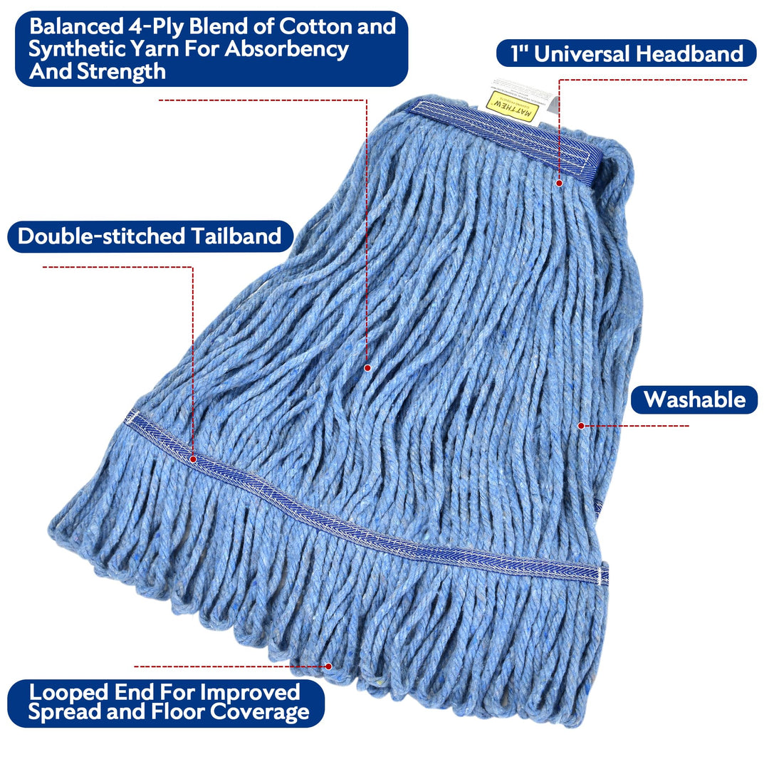 Matthew Cleaning Heavy Duty Mop Head Commercial Replacement for General and Floor Cleaning , Wet Industrial Blue Cotton Looped End String Head Refill (Pack of 6) Blue