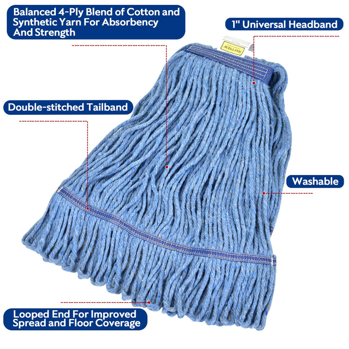 Matthew Cleaning Heavy Duty Mop Head Commercial Replacement for General and Floor Cleaning , Wet Industrial Blue Cotton Looped End String Head Refill (Pack of 6) Blue